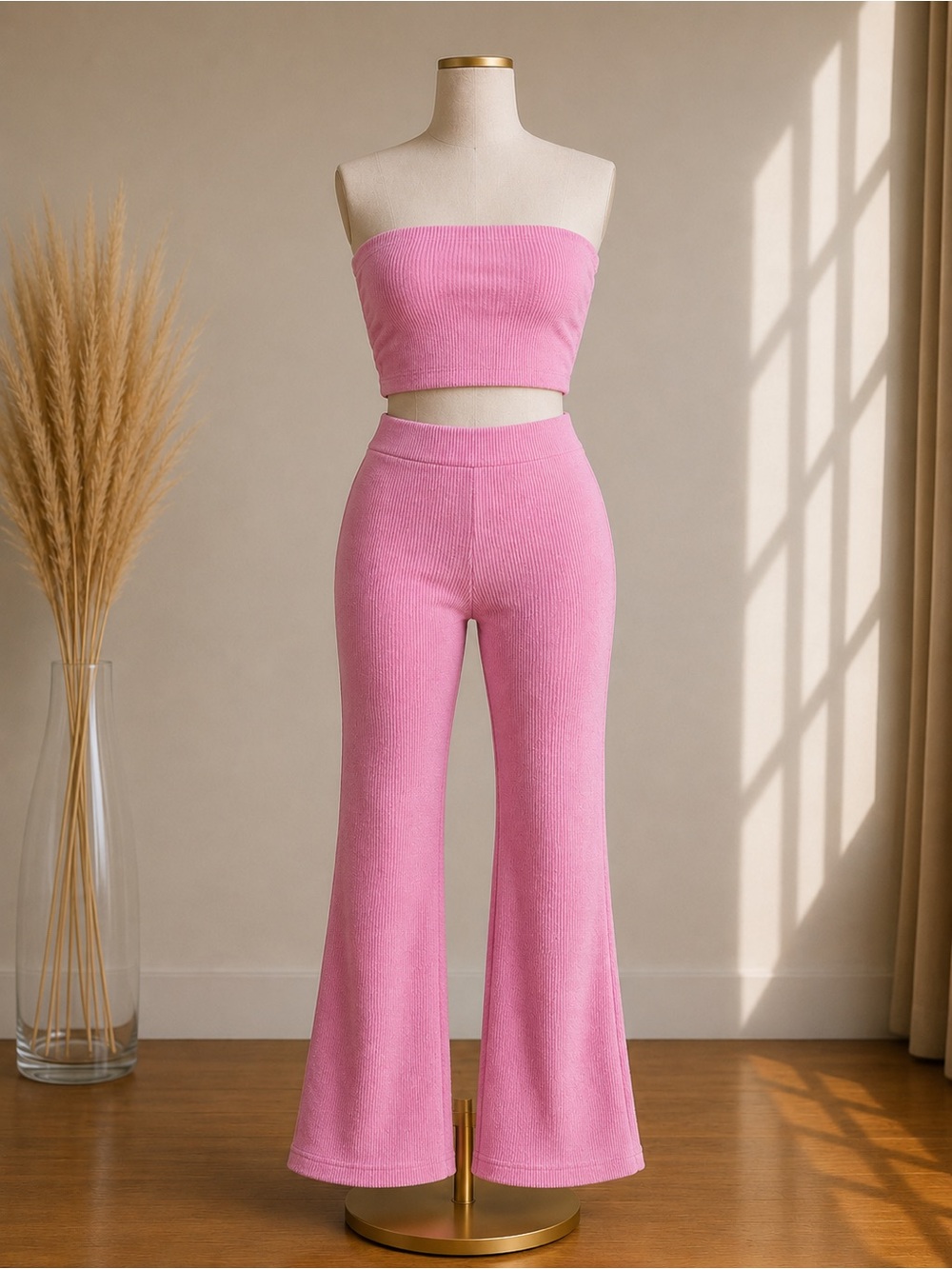 Pink Ribbed Knit Flare Pants